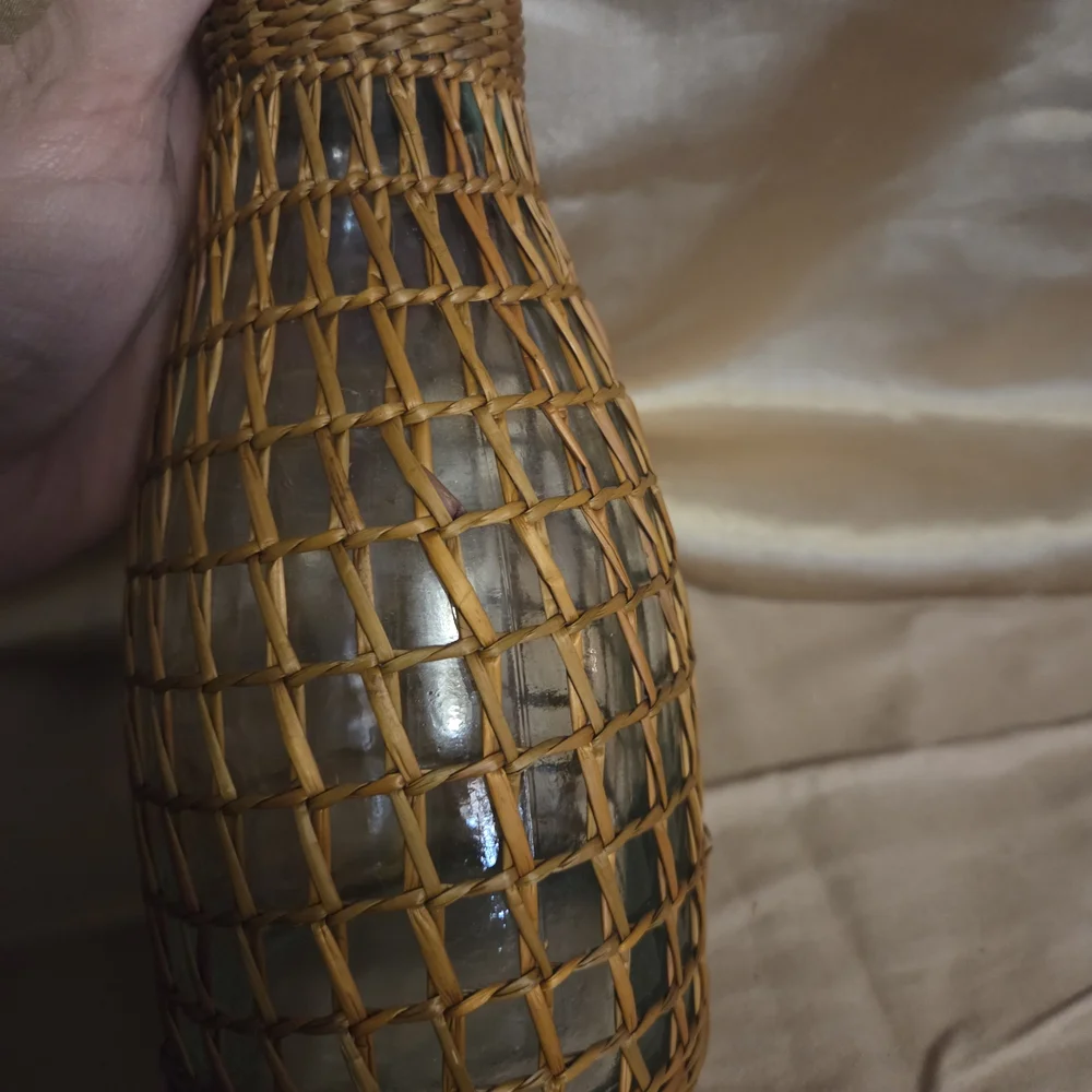 Vintage Boho Rattan Wicker Wrapped Glass Carafe Vase 10